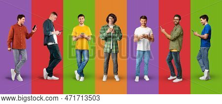 Smiling Caucasian Young Men In Casual Typing On Smartphone, Play Game, Watch Wideo