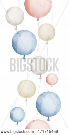 Watercolor Seamless Border With Round Balloons On Isolated Background. Vertical Ornament For Party G