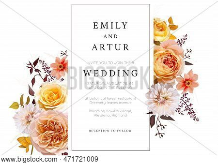 Elegant Floral Wedding Invite, Save The Date Card. Autumn Vector Juliet Rose, Cream Dahlia Flowers, 