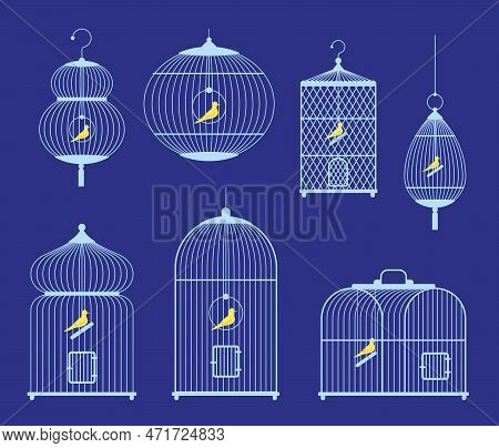 Vector Bird Cages Set With Birds Inside. Cage Silhouettes Of Different Types Square, Rectangle, Arch