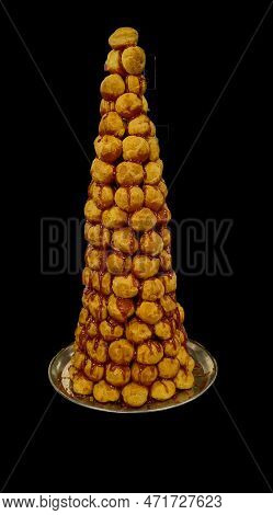 Caramelized Croquembouche On A Silver Plate ,pastry