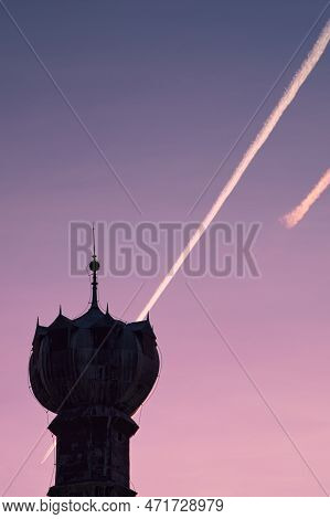 Silhouette Of The Spire Of The Chalice House In Litomerice, Czech Republic, With Sunset Sky And Cont