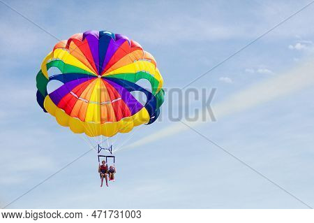 Kids Parasailing. Water Sport On Summer Vacation. Brother And Sister Flying In Tropical Ocean Resort