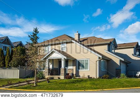 Real Estate Exterior Front House. Big Custom Made Luxury House With Nicely Landscaped Front Yard And