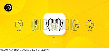 Employee Hand, Like And Phone Protect Minimal Line Icons. Yellow Abstract Background. Refrigerator, 
