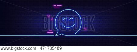 Neon Light Glow Effect. Smile Chat Line Icon. Happy Emoticon Sign. Speech Bubble Symbol. 3d Line Neo