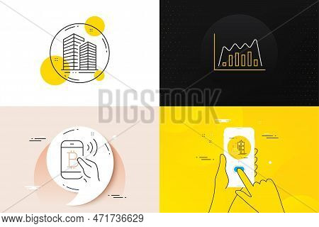Minimal Set Of Infographic Graph, Bitcoin Pay And Construction Building Line Icons. Phone Screen, Qu