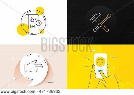 Minimal Set Of Report, Click Hand And Puzzle Line Icons. Phone Screen, Quote Banners. Hammer Tool Ic