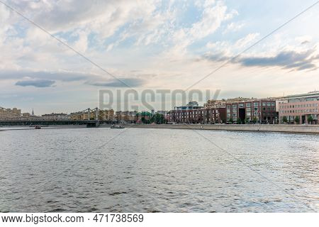 Krymsky Bridge Or Crimean Bridge In Moscow And Cruise Ship Sails On The Moscow River