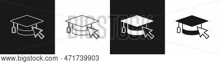 Set Graduation Cap With Cursor Icon Isolated On Black And White Background. World Education Symbol. 