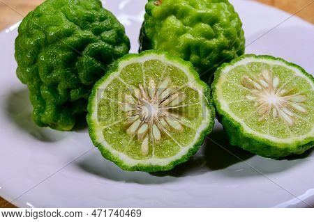 Citrus Hystrix, Kaffir Lime Or Makrut Lime, Citrus Fruit Native To Tropical Southeast Asia. Fruit An