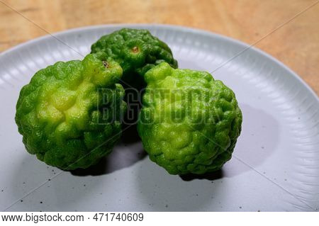 Citrus Hystrix, Kaffir Lime Or Makrut Lime, Citrus Fruit Native To Tropical Southeast Asia. Fruit An