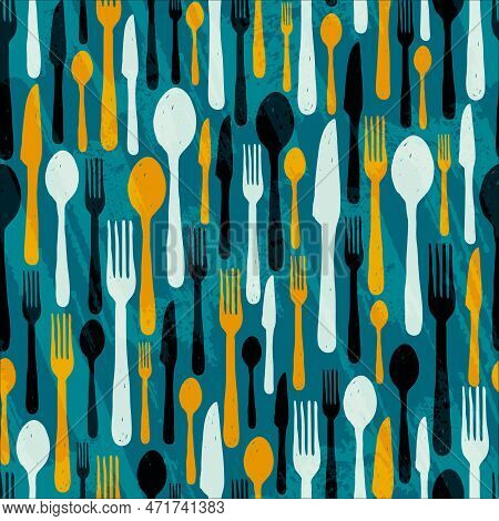 Cutlery Cooking Tool Set Seamless Pattern Design. Kitchen Utensils Fork, Knife, Spoon In Doodle Styl