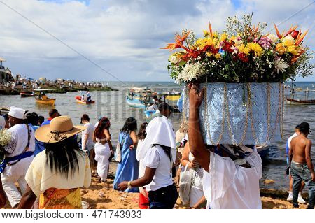 Salvador, Bahia, Brazil - February 2, 2023: Candoble Supporters And Orixa Iemanja Supporters Visit R