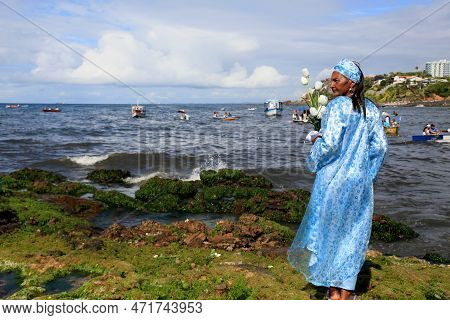 Salvador, Bahia, Brazil - February 2, 2023: Candoble Supporters And Orixa Iemanja Supporters Visit R