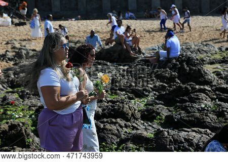 Salvador, Bahia, Brazil - February 2, 2023: Candoble Supporters And Orixa Iemanja Supporters Visit R