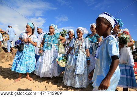 Salvador, Bahia, Brazil - February 2, 2023: Candoble Supporters And Orixa Iemanja Supporters Visit R