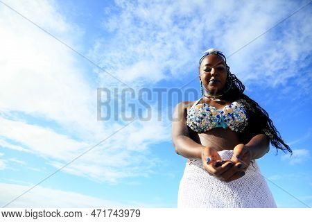 Salvador, Bahia, Brazil - February 2, 2023: Candoble Supporters And Orixa Iemanja Supporters Visit R