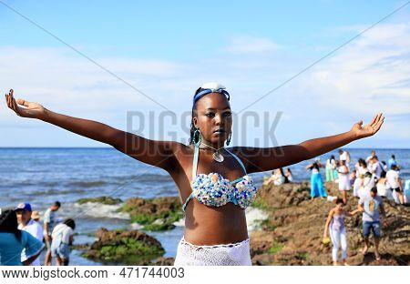 Salvador, Bahia, Brazil - February 2, 2023: Candoble Supporters And Orixa Iemanja Supporters Visit R