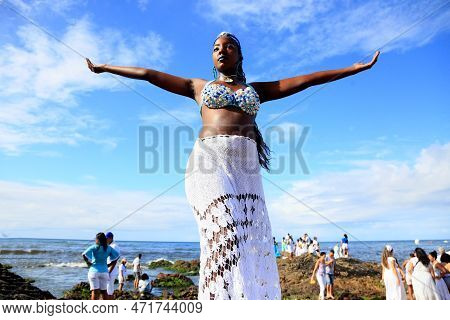 Salvador, Bahia, Brazil - February 2, 2023: Candoble Supporters And Orixa Iemanja Supporters Visit R