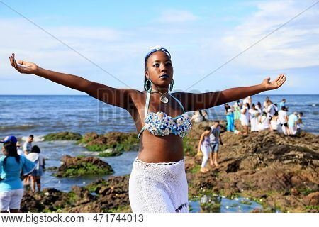 Salvador, Bahia, Brazil - February 2, 2023: Candoble Supporters And Orixa Iemanja Supporters Visit R