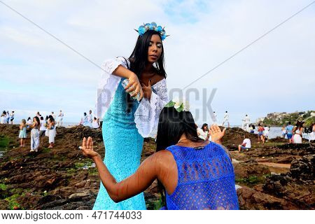Salvador, Bahia, Brazil - February 2, 2023: Candoble Supporters And Orixa Iemanja Supporters Visit R