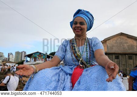 Salvador, Bahia, Brazil - February 2, 2023: Candoble Supporters And Orixa Iemanja Supporters Visit R