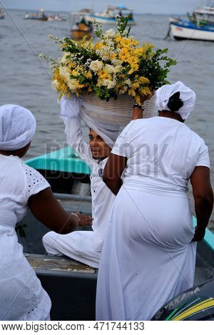 Salvador, Bahia, Brazil - February 2, 2023: Candoble Supporters And Orixa Iemanja Supporters Visit R