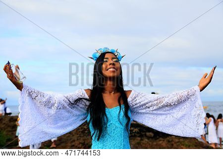 Salvador, Bahia, Brazil - February 2, 2023: Candoble Supporters And Orixa Iemanja Supporters Visit R
