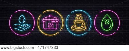 Water Care, Tea Cup And Boiling Pan Minimal Line Icons. Neon Laser 3d Lights. Hot Water Icons. For W