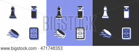 Set Football Field, Chess, Hockey Puck And Punching Bag Icon. Vector