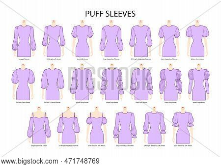 Set Of Puff Sleeves Clothes Dropped, Baloon, Virago, Marie, Paned, Drawstring Technical Fashion Illu