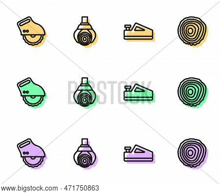 Set Line Wood Plane Tool, Electric Circular Saw, Grapple Crane Grabbed Log And Tree Rings Icon. Vect