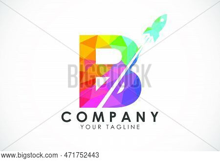 Polygonal Alphabet B With A Rocket Logo Design. Rocket Icon. Low Poly Graphic Alphabet Symbol
