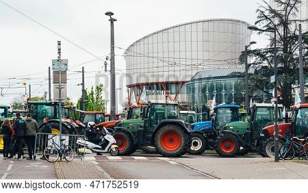 Strasbourg, France - April 30, 2021: Tractors Roll For Farmer Protest In Front Of In Echr European C