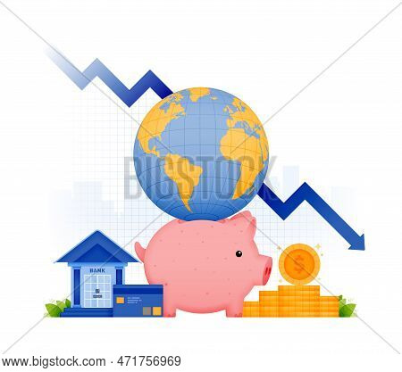 Illustration Design Of Economic Crisis Recession In Financial Banking System. Investment Saving Pigg