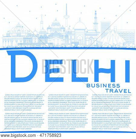 Outline Delhi India City Skyline With Blue Buildings With Copy Space. Vector Illustration. Business 