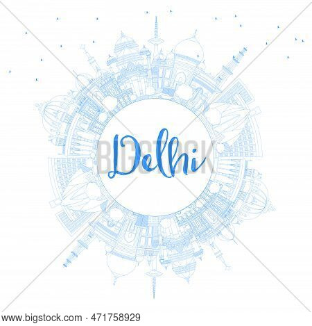 Outline Delhi India City Skyline With Blue Buildings With Copy Space. Vector Illustration. Business 