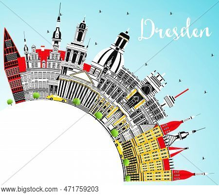 Dresden Germany City Skyline With Color Buildings, Blue Sky And Copy Space. Vector Illustration. Bus