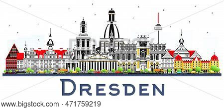 Dresden Germany City Skyline With Color Buildings Isolated On White. Vector Illustration. Business T