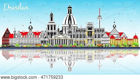 Dresden Germany City Skyline With Color Buildings, Blue Sky And Reflections. Vector Illustration. Bu