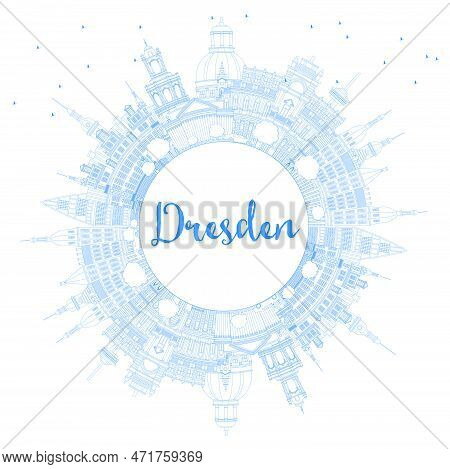 Outline Dresden Germany City Skyline With Blue Buildings And Copy Space. Vector Illustration. Busine