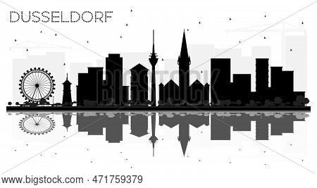 Dusseldorf Germany City Skyline Black And White Silhouette With Reflections. Vector Illustration. Si