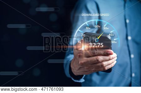 Fast Internet Connection Speedtest Bandwidth Network Technology, Man Using Internet High Speed By Sm