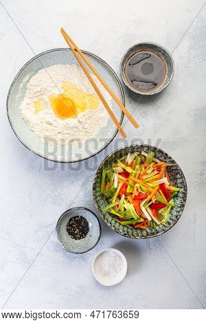 Ingredients For Vegetable Pancake (yachaejeon), Pajeon Or Korean Pancake, Korean Pizza - Asian Food 