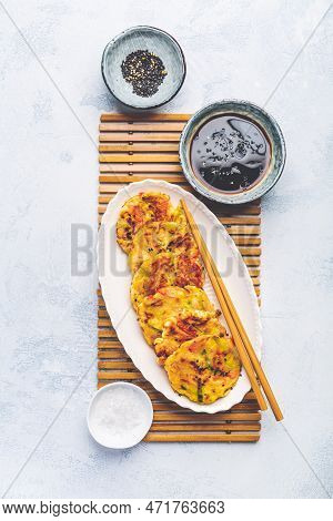 Korean Vegetable Pancakes With Dipping Sauce, Korean Pizza - Asian Food Style