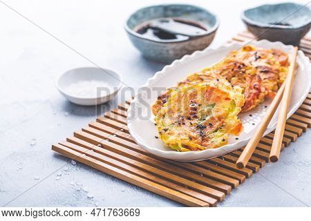Korean Vegetable Pancakes With Dipping Sauce, Korean Pizza - Asian Food Style