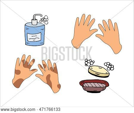 Clean And Dirty Hands Poster In Doodle Style. Cleanliness Of Hands, Soap, Soap Dish. Vector Illustra
