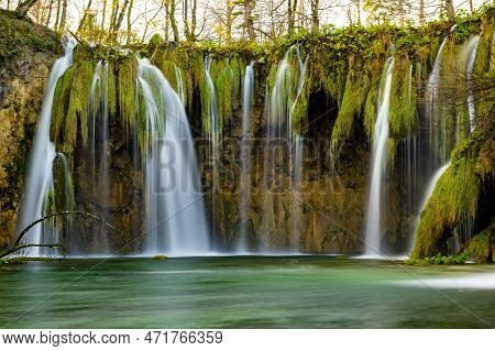 Plitvice Lakes National Park During Colorful Autumn, Croatia, Europe. Fall Colors Leafs On Trees. Wa