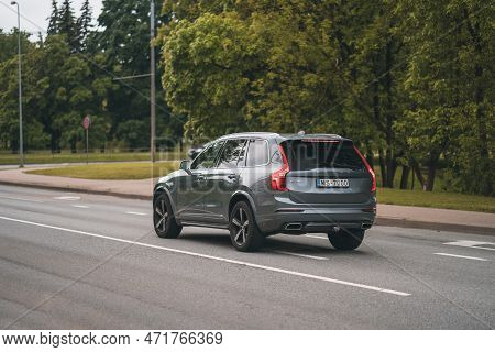 Riga, Latvia - June 8, 2022: Gray Volvo Xc90 Moving On The City Street On A Cloudy Summer Day